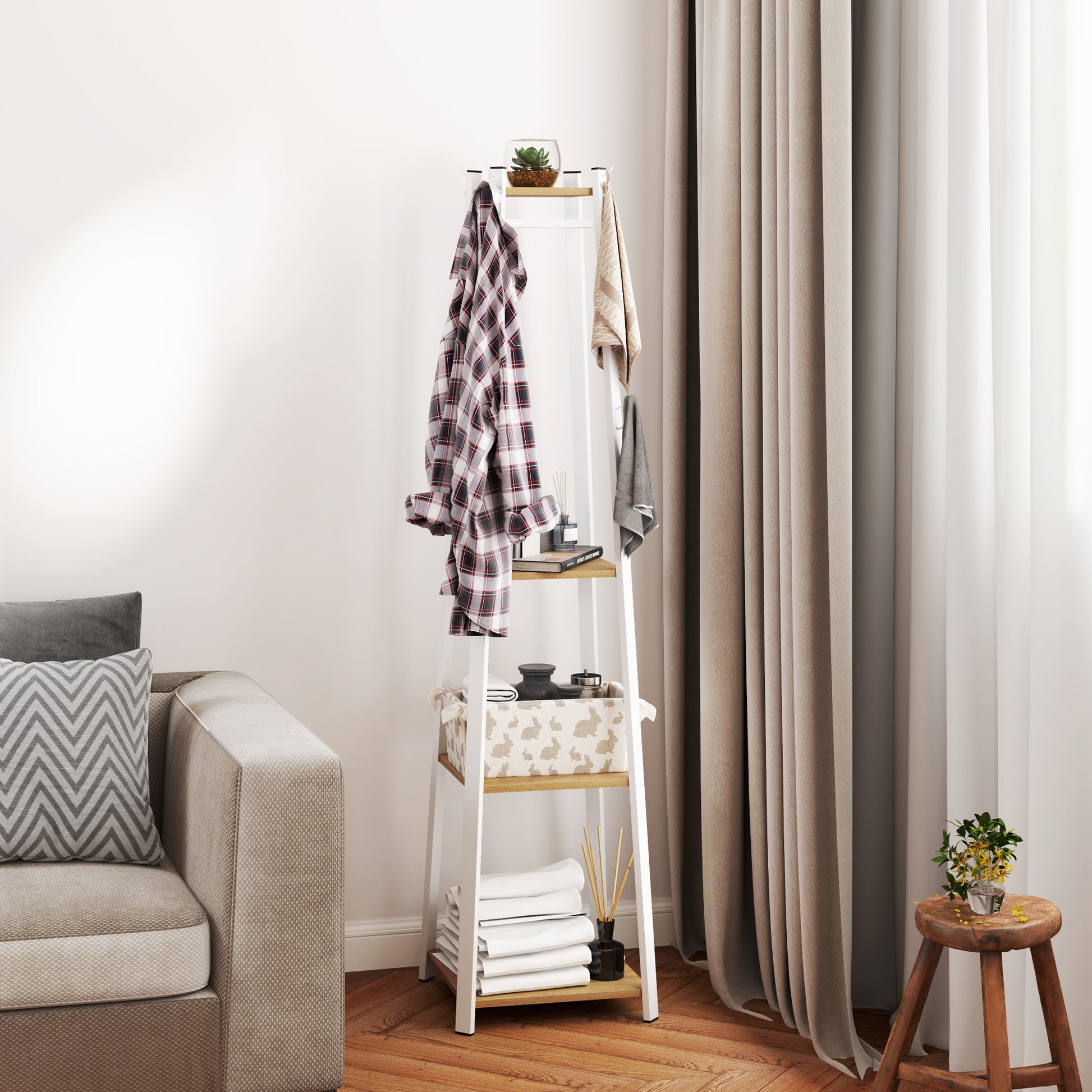 Clothes Rack with Storage, Garment Rack with 8 Hooks and 3-Tier Shelf, Clothes Stand for Bedroom, Entryway, Oak