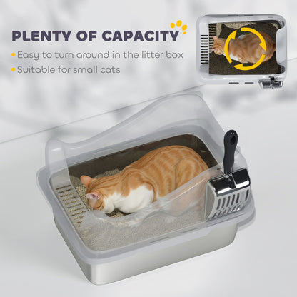 Cat Litter Box Stainless Steel with Metal Litter Scoop, Never Absorbs Odors, Anti Leakage, 17" x 13" x 10", Grey