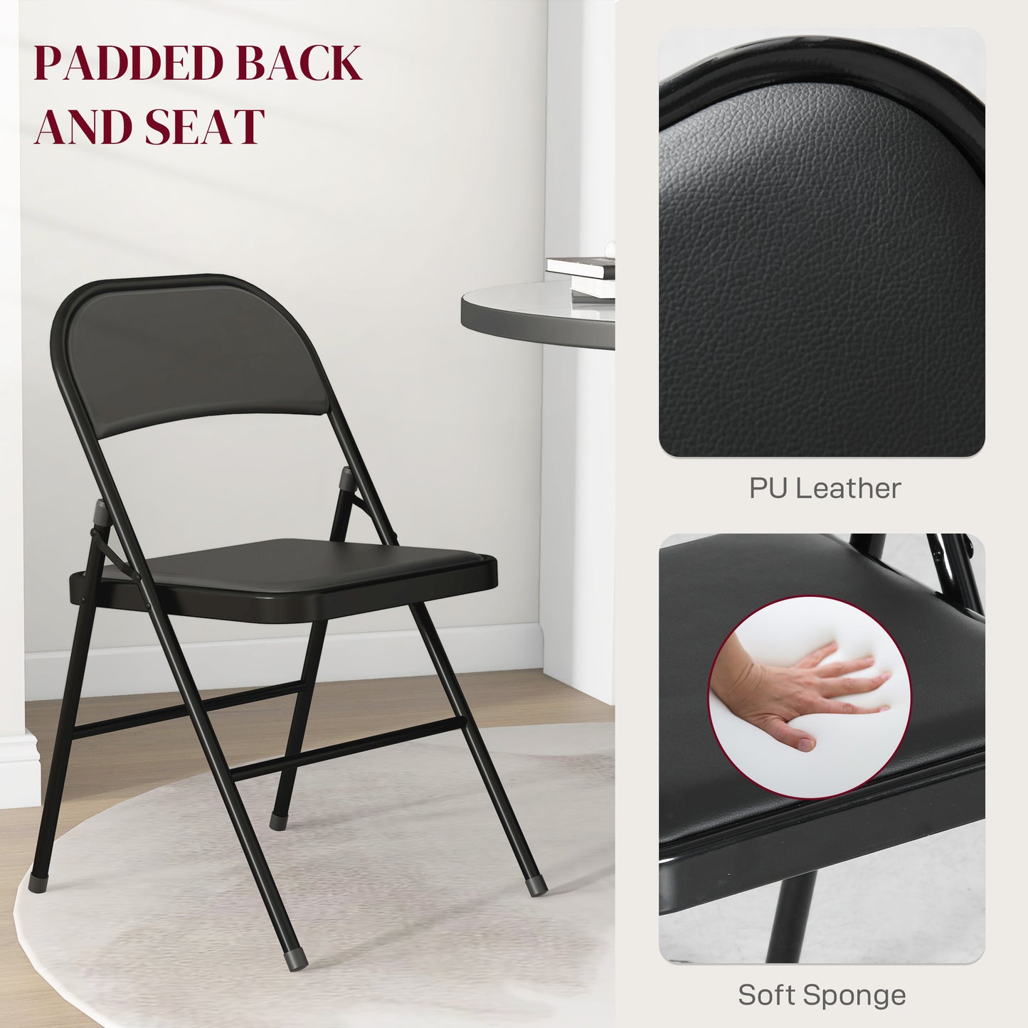 Set of 4 Metal Foldable Chairs, PU Leather Padded Folding Chairs with Cushion Seat and Open Back for Indoor, Black