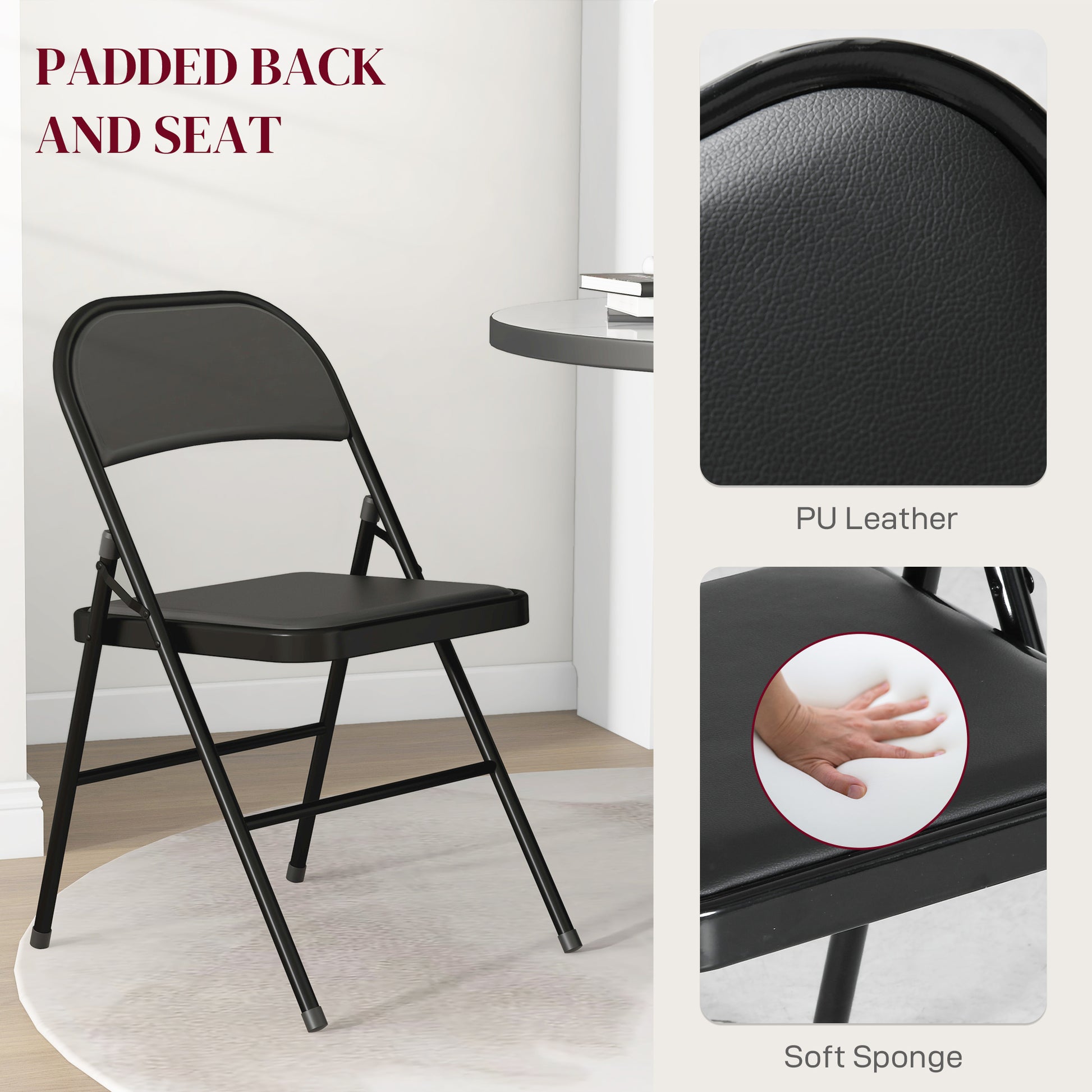 Set of 4 Metal Foldable Chairs, PU Leather Padded Folding Chairs with Cushion Seat and Open Back for Indoor, Black