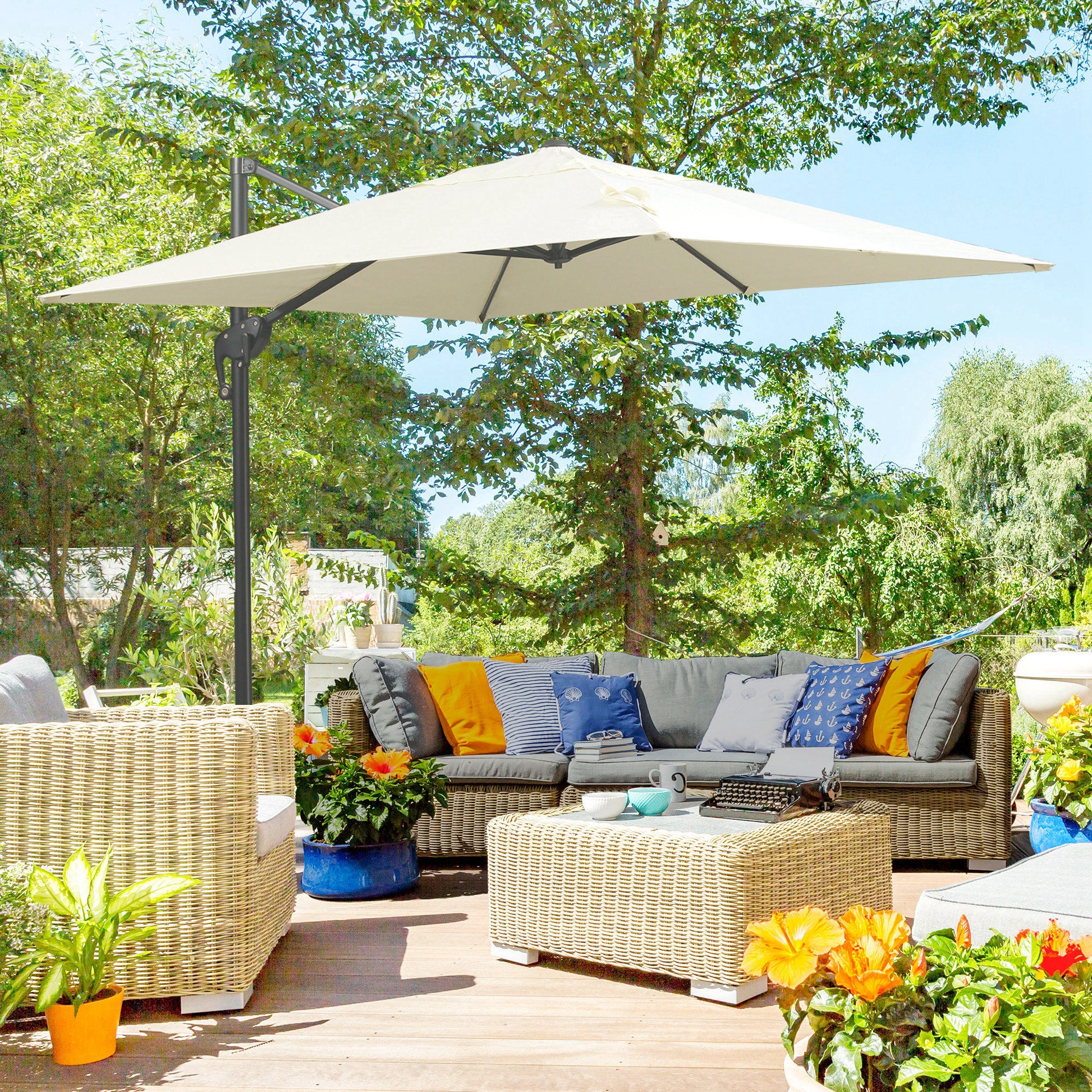 8'x8' Square Patio Hanging Offset Umbrella, Outdoor Cantilever Parasol w/ Cross Base, Cream White