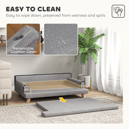 Elevated Dog Sofa Bed, Cat Couch with Cushion, Washable Cover, Wooden Legs, for Medium & Large Dogs, Light Grey