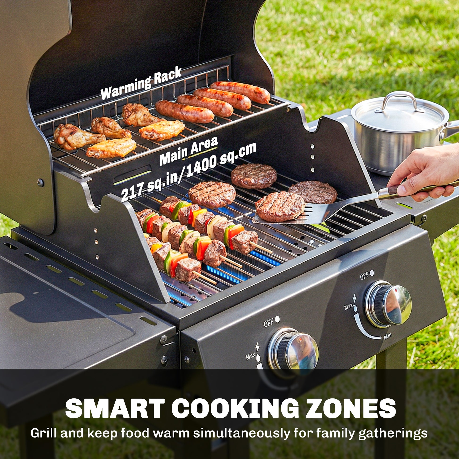 2 Burner Propane Gas Grill with Wheels, 18,400 BTU Portable BBQ Grill with Foldable Side Shelves, Warming Rack, Black