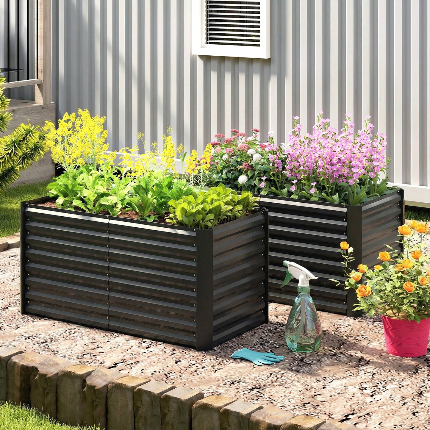 Set of 2 Galvanized Metal Planters for Outdoor Plants, 4' x 2' x 2' Raised Garden Bed, Black