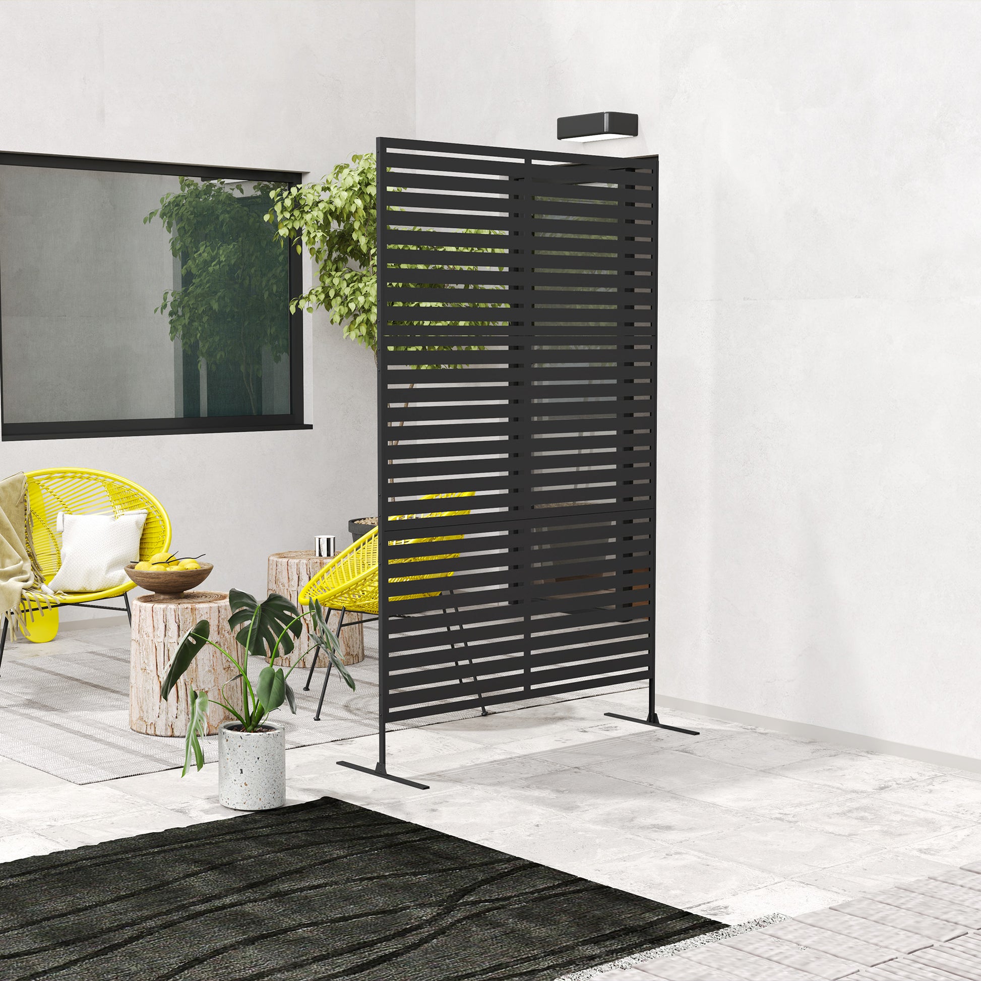 Decorative Outdoor Privacy Panel, Freestanding Metal Outdoor Divider with Stand for Garden, Backyard, Deck, Pool, Black