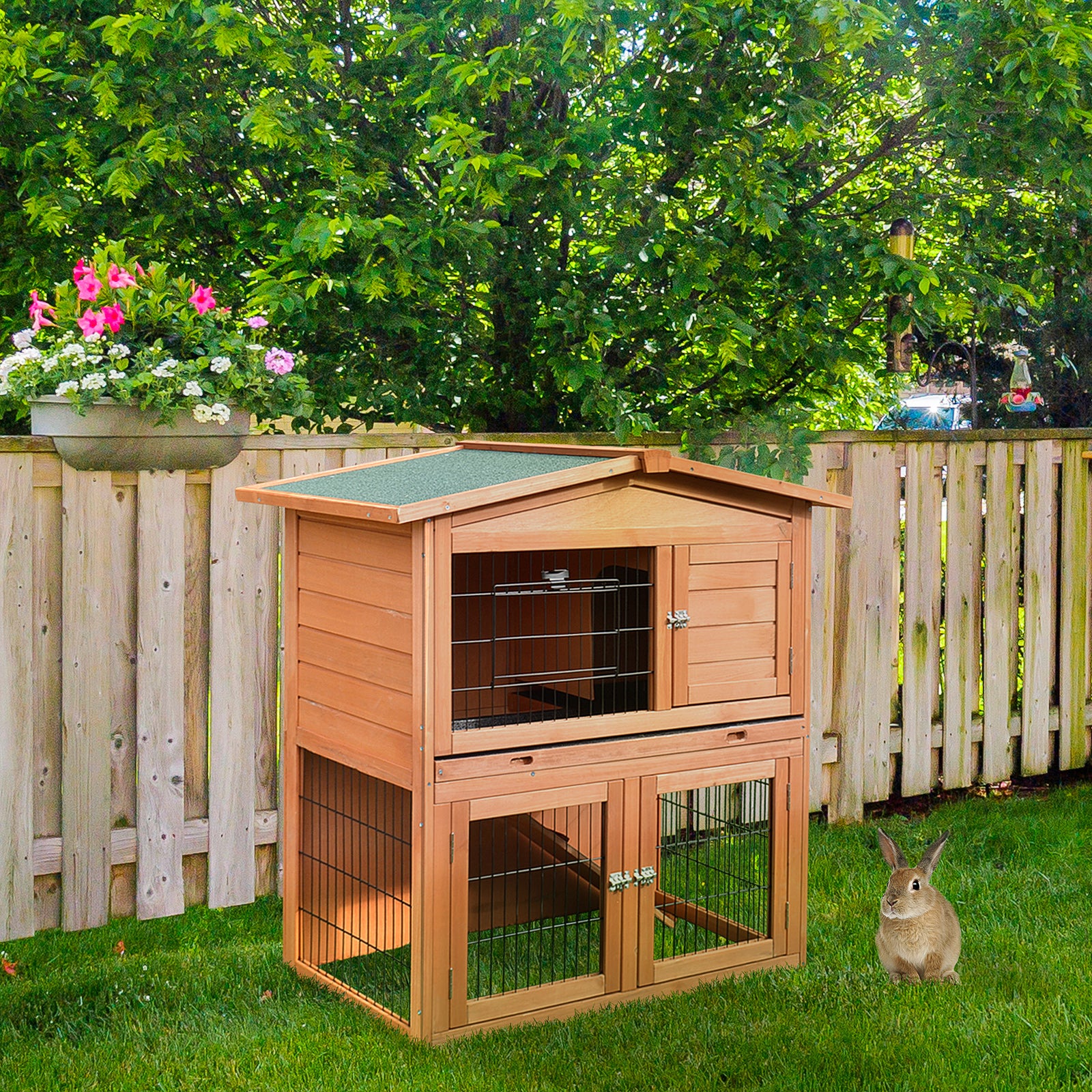 2 Tier Rabbit Hutch Guinea Pig Hutch Ferret Cage with Ramp Slide Out Tray for Indoor Outdoor 39.6"L x 21.7"W x 39.8"H