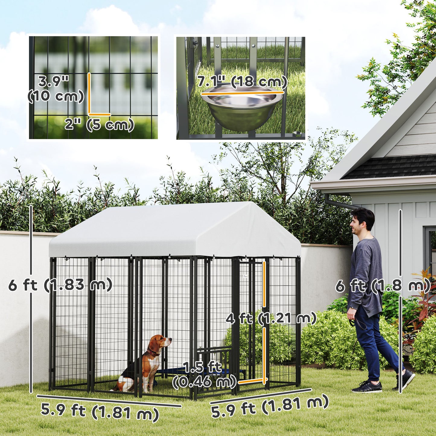 Outdoor Dog Kennel with Waterproof UV-Resistant Cover, Rotating & 4-Level Adjustable Feeding Bowls, 6 x 6 x 6 ft