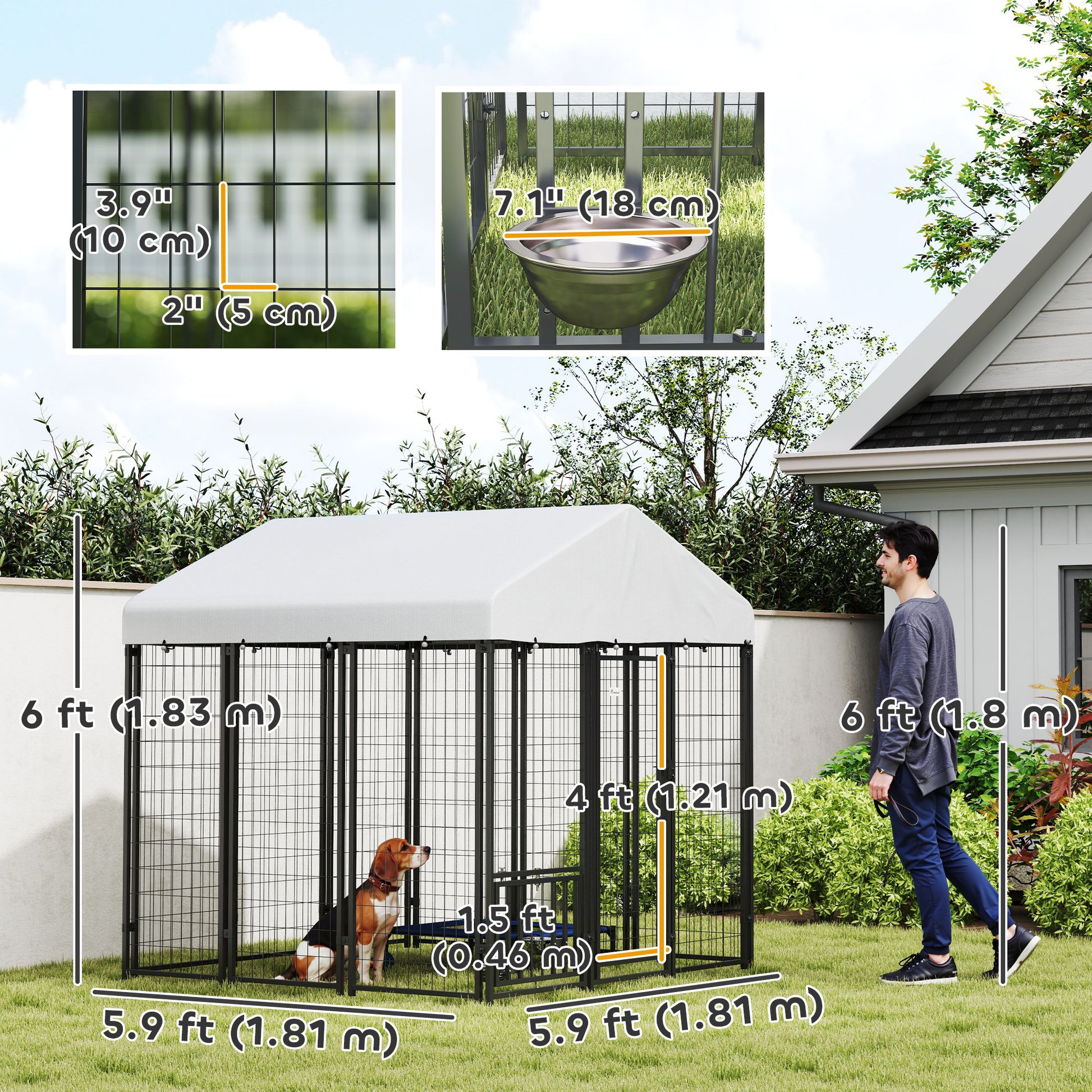Outdoor Dog Kennel with Waterproof UV-Resistant Cover, Rotating & 4-Level Adjustable Feeding Bowls, 6 x 6 x 6 ft