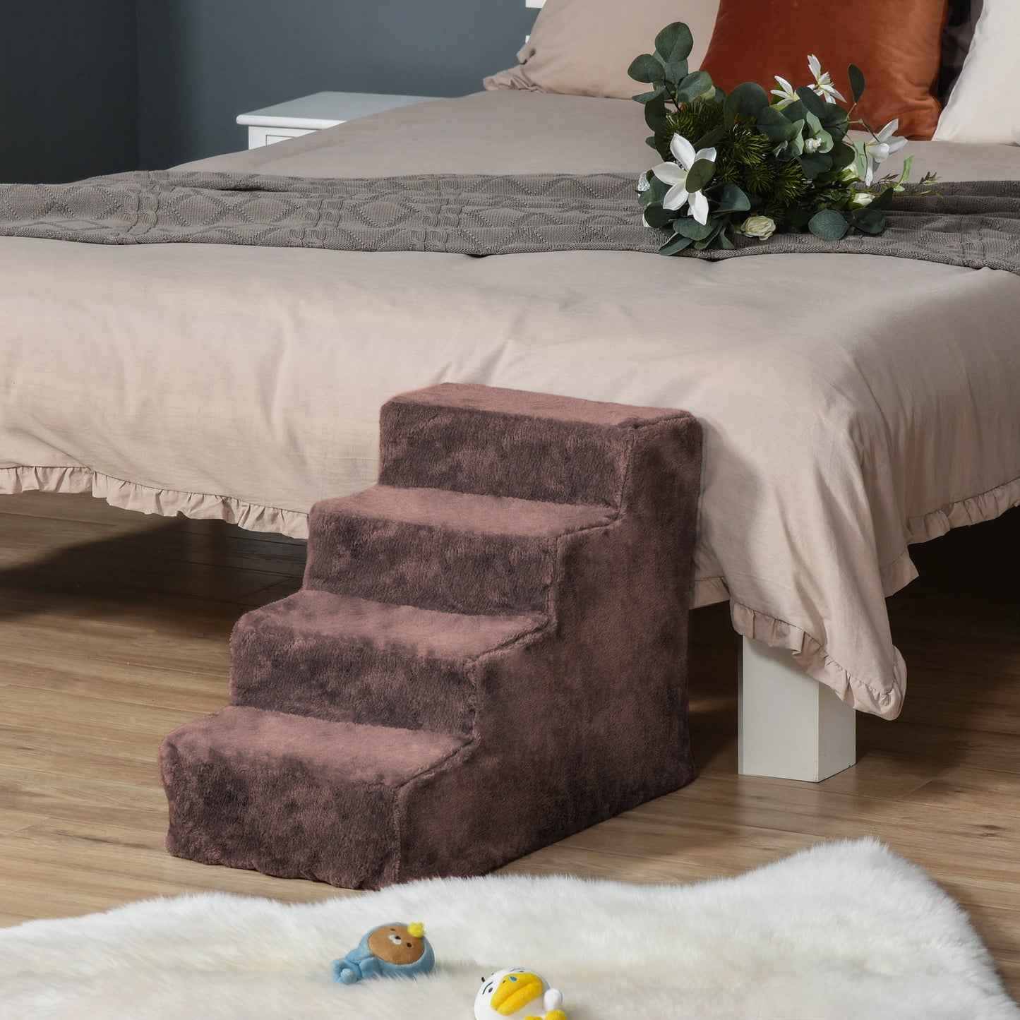 4-Step Dog Ramp for Sofa, Bed, and Couch, with Removable Cover, Brown