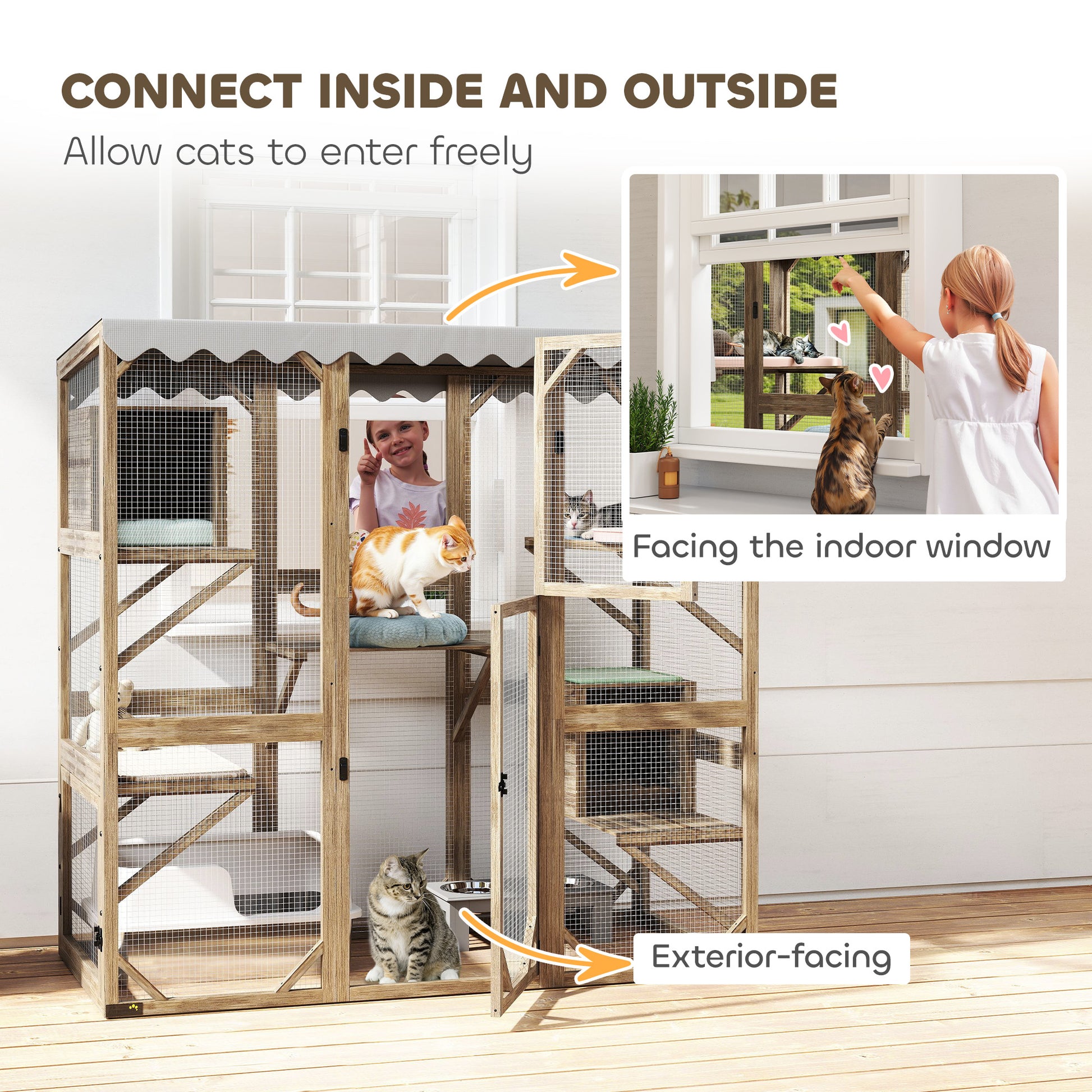 Wooden Catio Outdoor with Window Access, Waterproof Cover, Relaxing Condo, 5 Platforms, Doors, 59" x 28" x 59", Brown