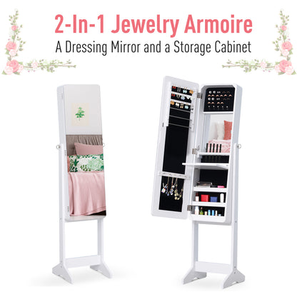 Freestanding Mirror Jewelry Cabinet Armoire, LED Lighted Jewelry Organizer with Stand, Angle Adjustable, White
