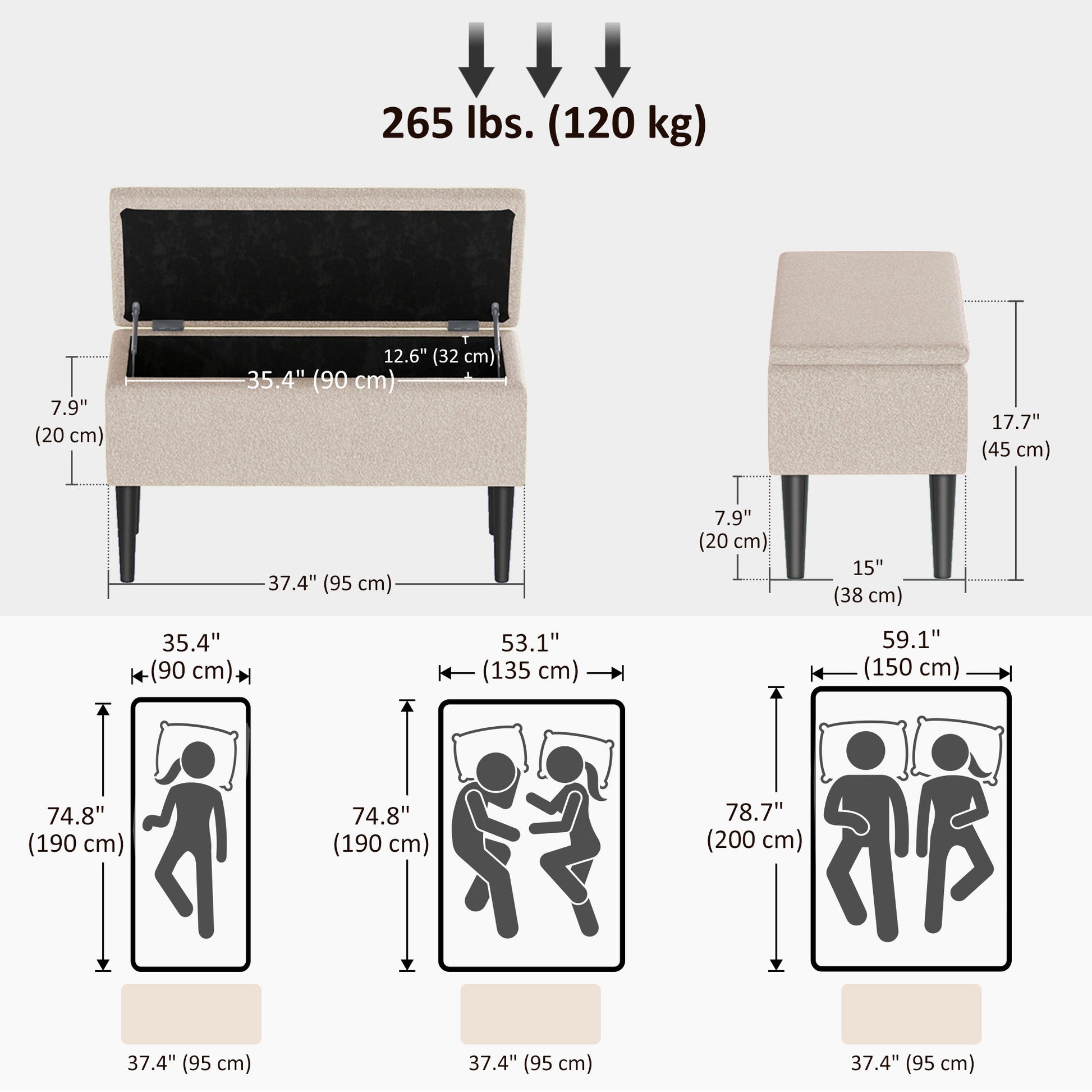 Modern Storage Bench, Ottoman with Storage and Lamb's Wool Upholstery for Living Room, Bedroom, Cream White