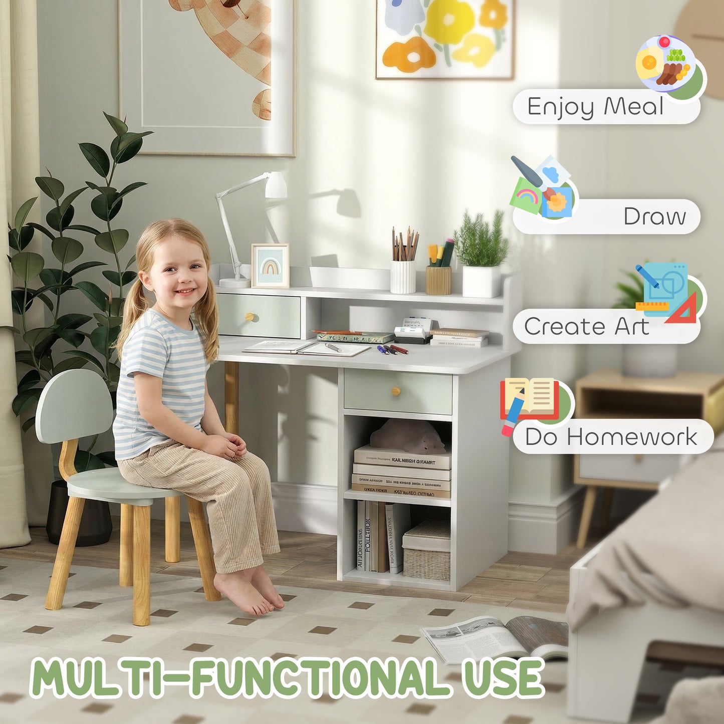Qaba Kids Study Table and Chair Set, Kids Desk and Chair Set w/ Storage and Shelves, for 3-8 Year Old, Green