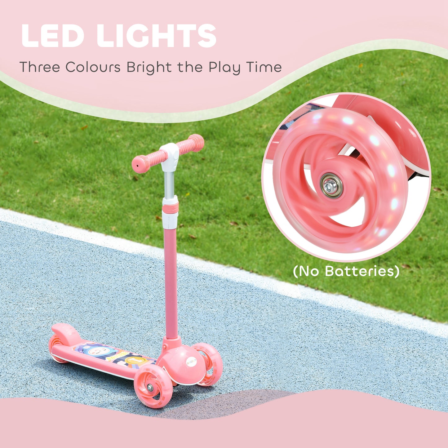 Qaba 3 Wheel Kids Scooter, Toddler Kick Scooter with Adjustable Height, Rear-Fender Brake, LED Light, TPE Handlebar, Pink