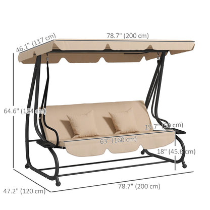 3-Seat Outdoor Patio Swing Chair, 2-in-1 Convertible Flat Bed, Canopy Swing with Adjustable Shade, Removable Cushions, Cup Holder, Light Brown