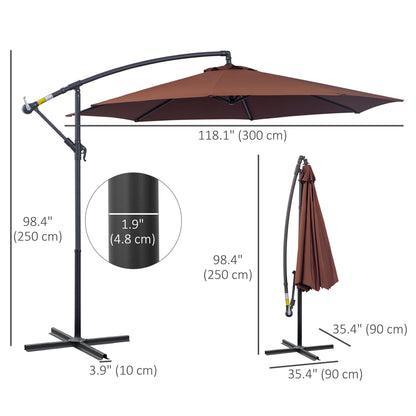 10' Deluxe Patio Umbrella, Outdoor Market Parasol, Banana Hanging Offset Sunshade with Crank, Cross Base, Coffee