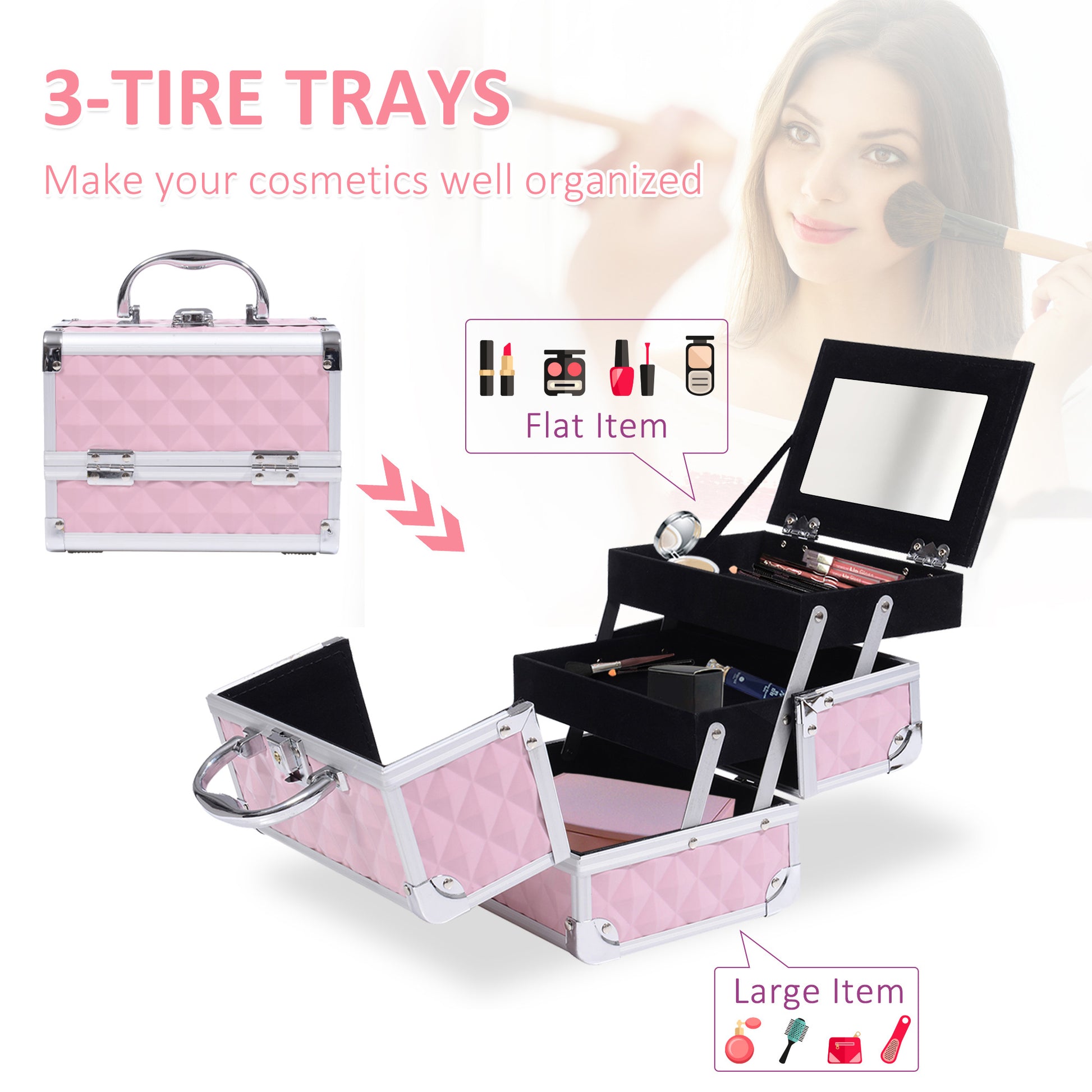3 Tier Diamond Texture Makeup Train Case Cosmetic Organizer with Mirror, Pink