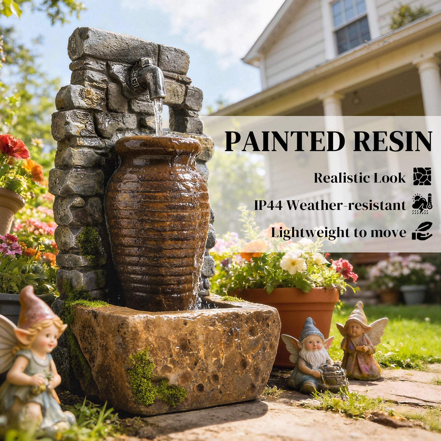 Outdoor Water Fountain Adjustable Water Flow Garden Fountain with LED Lights Rustic Urn Design
