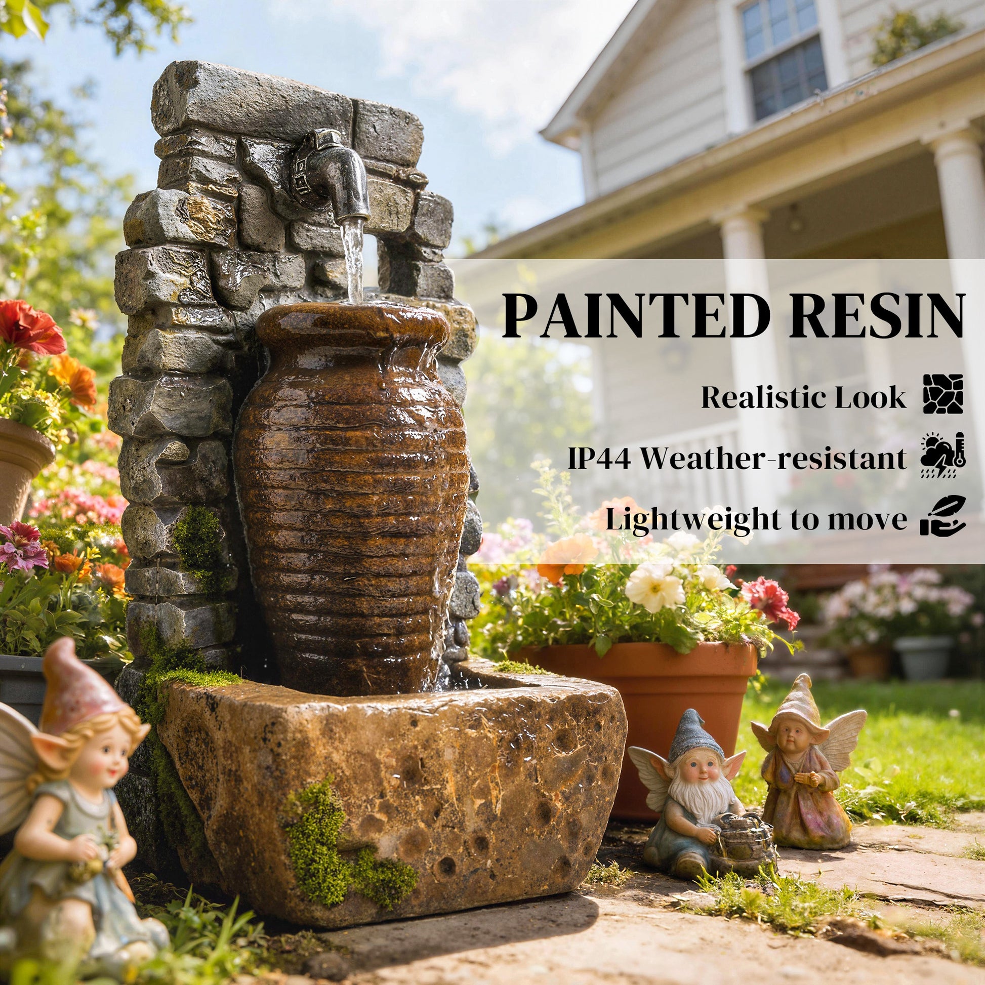 Outdoor Water Fountain Adjustable Water Flow Garden Fountain with LED Lights Rustic Urn Design