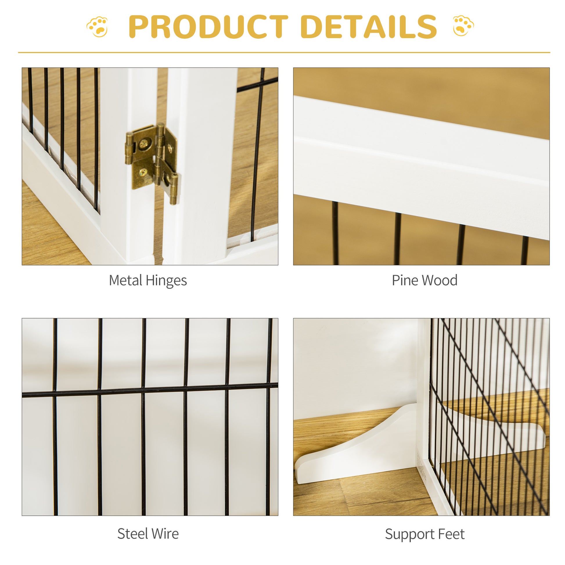 Wooden Freestanding Pet Gate w/ 2 Support Feet, White