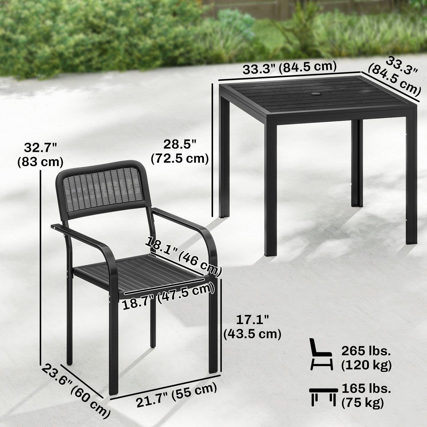 Outdoor Dining Set for 4, Faux Wood Metal Patio Table and Stackable Chairs with Plastic Rattan Effect Seat, Black