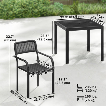 Outdoor Dining Set for 4, Faux Wood Metal Patio Table and Stackable Chairs with Plastic Rattan Effect Seat, Black
