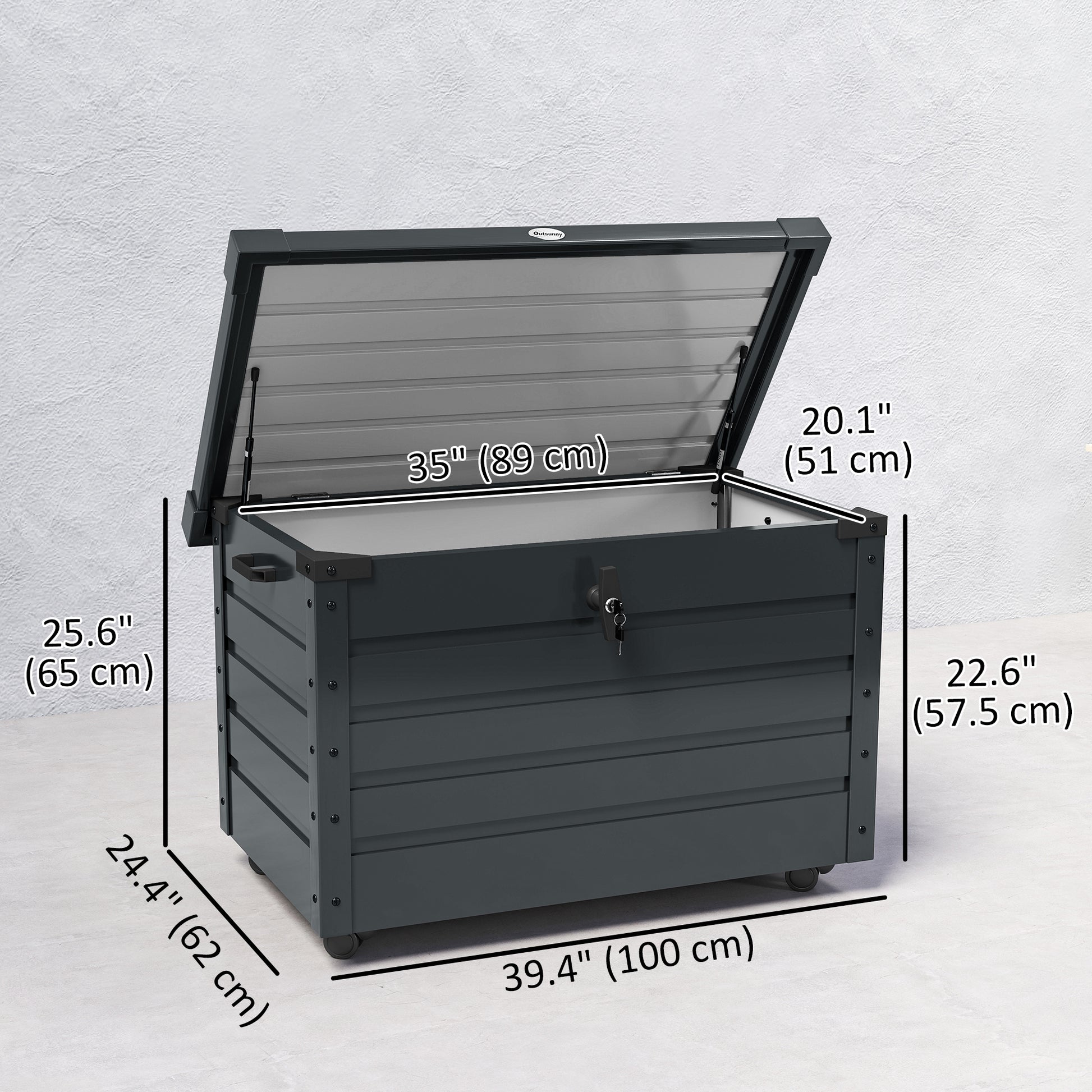 78 Gallon Garden Storage Box, Waterproof Outdoor Storage Container with Wheels and Handles, Dark Grey