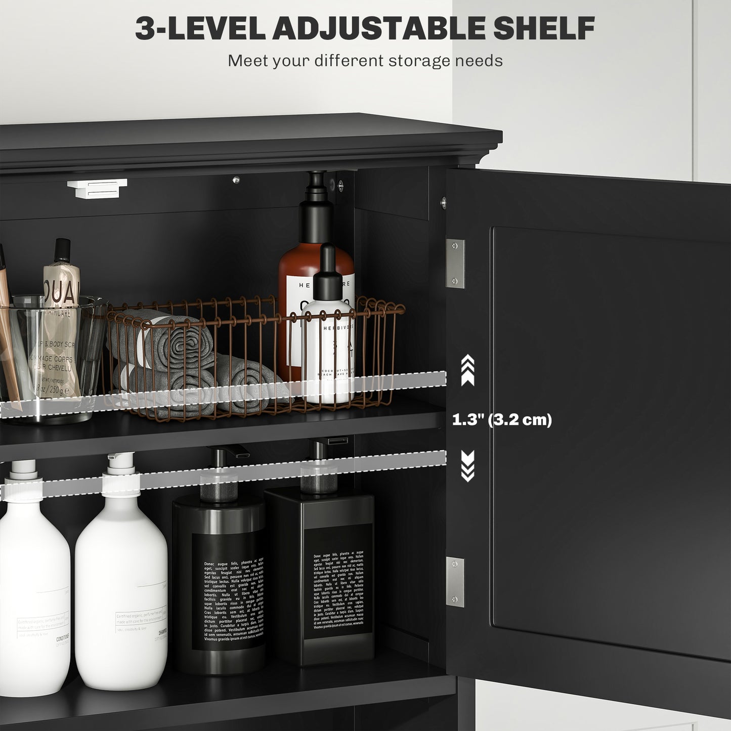 Modern Over The Toilet Storage, Bathroom Cabinets Over Toilet with Open Shelves and Double Door Cabinet, Black