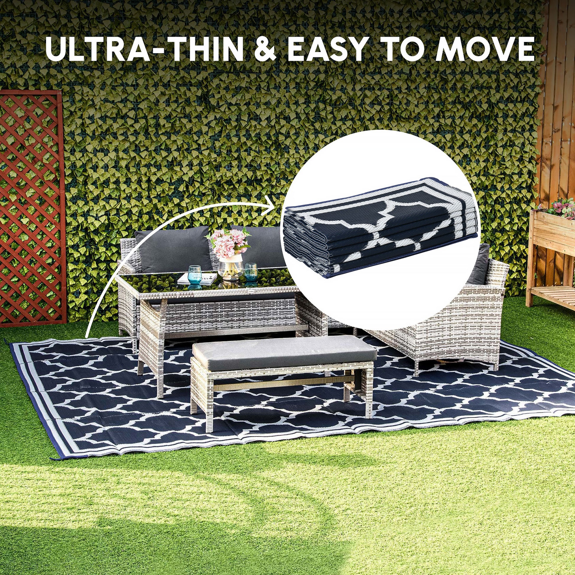 9'x12' Reversible Outdoor RV Rug, Patio Floor Mat, Plastic Straw Rug for Backyard, Deck, Beach, Camping, Dark Blue