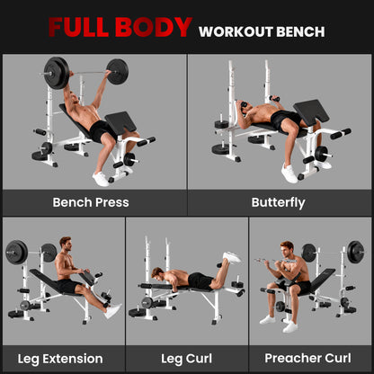 Soozier Bench Press Set Adjustable Weight Bench with Squat Rack, Preacher Curl Pad, Leg Developer and Weight Storage, White