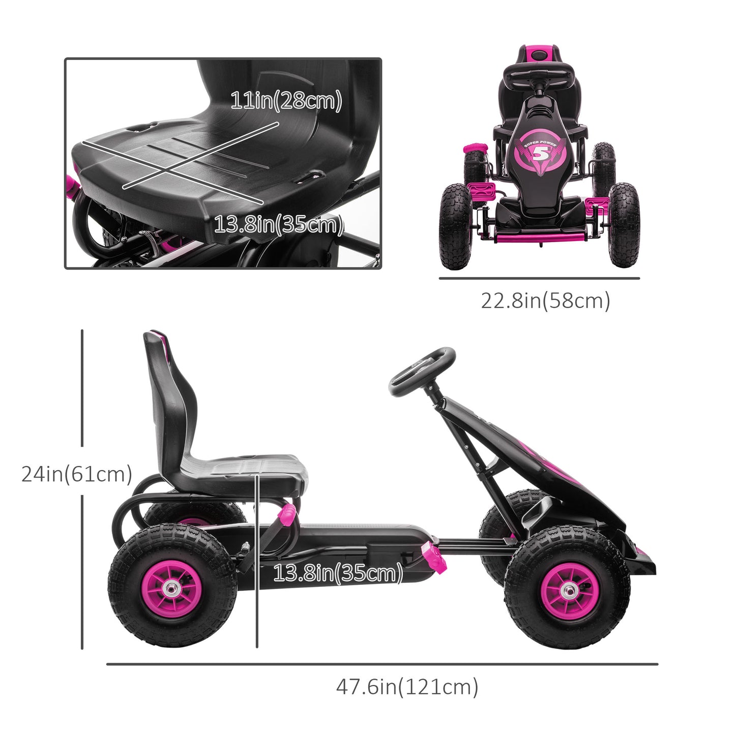 Aosom Pedal Go Kart w/ Adjustable Seat, Rubber Wheels Shock Absorb, Pink