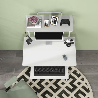32" Mobile Computer Table, Rolling Study Desk for Home Office with Keyboard Tray, Storage Shelves, Wheels, White