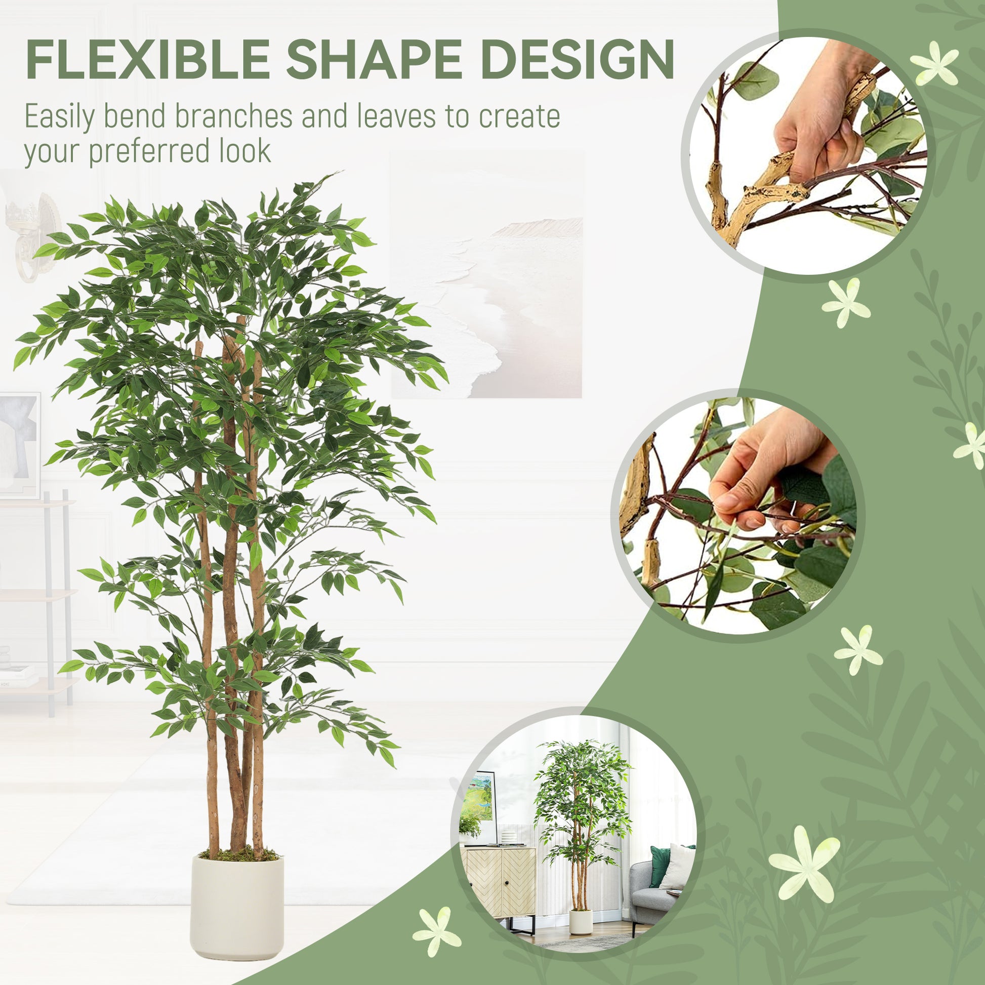 6FT Artificial Banyan Tree Set of 2, Fake Potted Tree with Solid Wood Trunk and Pot for Indoor
