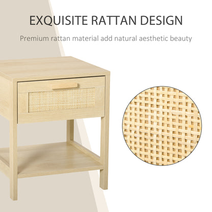 Narrow Nightstand with Rattan Elements, Bedside Table with Drawer and Storage Shelf for Bedroom, Natural