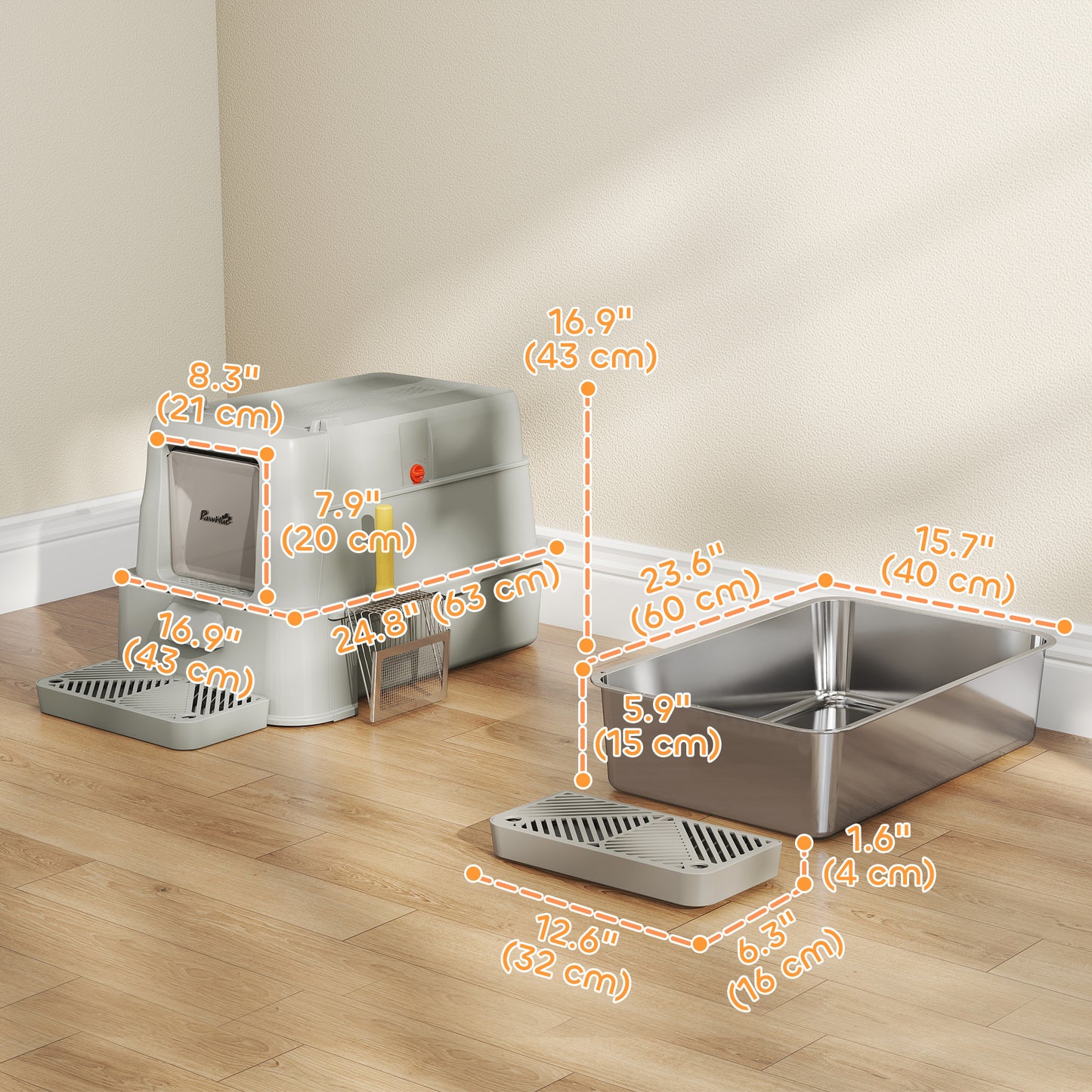 80L XL Stainless Steel Cat Litter Box for Big Cats with Flip Cover, Pull-Out Drawer Tray, High Sided, Pedal, Light Grey