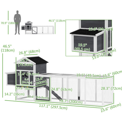 117" Extra Large Chicken Coop with Asphalt Roof, Wooden Hen House with Slide-out Tray, Quail Hutch with Nesting Box, Grey