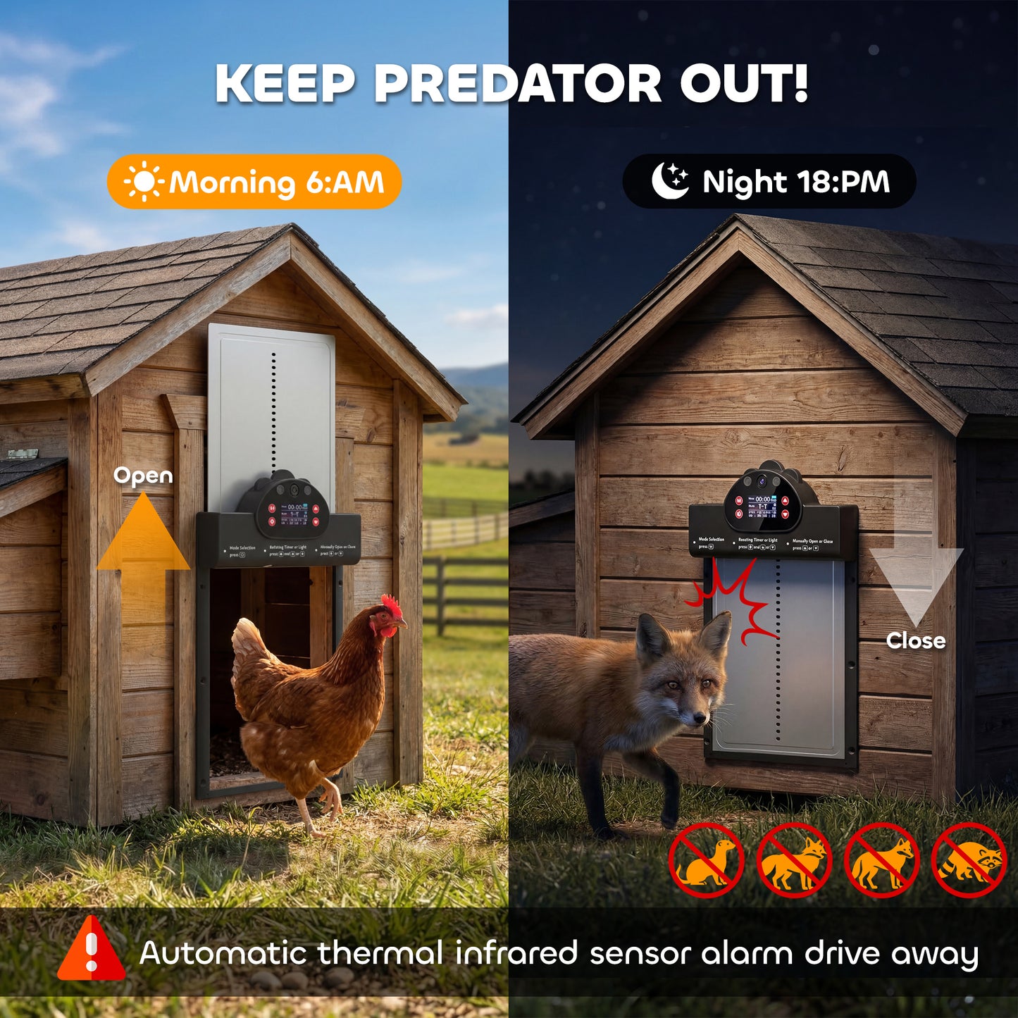 2K HD AI Camera Automatic Chicken Coop Door with APP, WiFi Solar Powered with 5200 mAh Large Battery, Alarm Driver