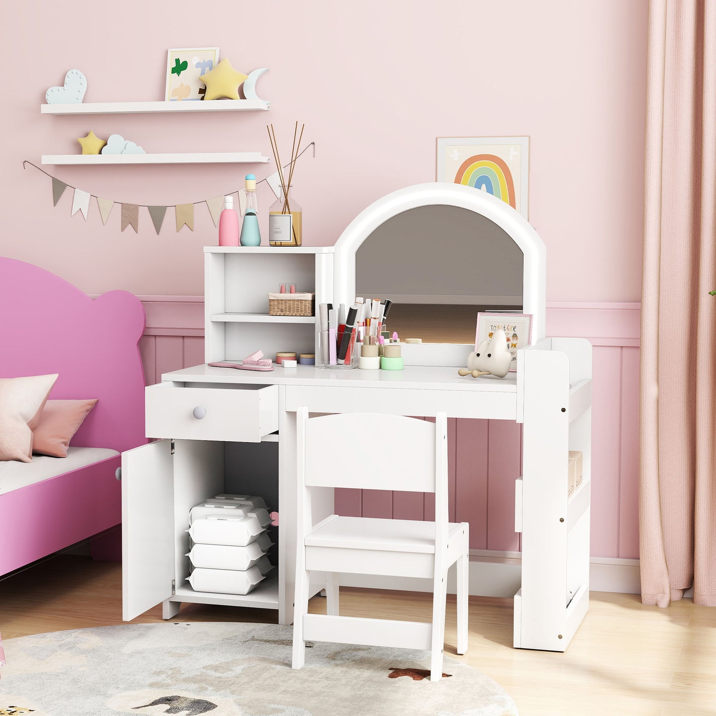 Qaba Kids Vanity Set, Toddler Dressing Table and Chair Set with Lighted Mirror, Cabinet, Drawer and Shelves, White