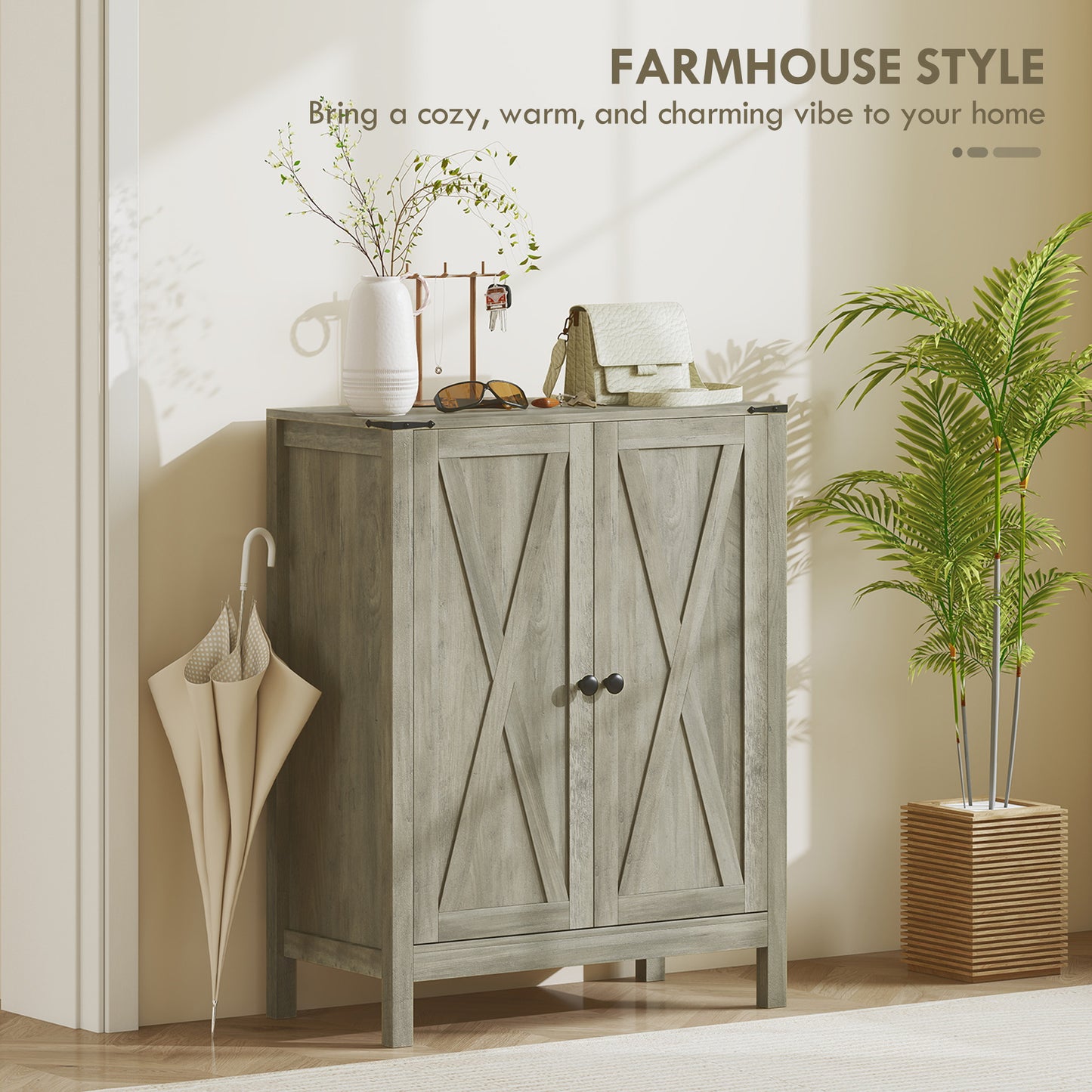 Shoe Cabinet with Barn Doors, Farmhouse Shoe Storage Cabinet with Adjustable Shelves, Holds up to 15 Pairs, Grey