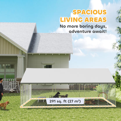 Galvanized Steel Outdoor Dog Kennel with Roof, Safety Locks, for Backyard, 19.7' x 14.8' x 7.9'