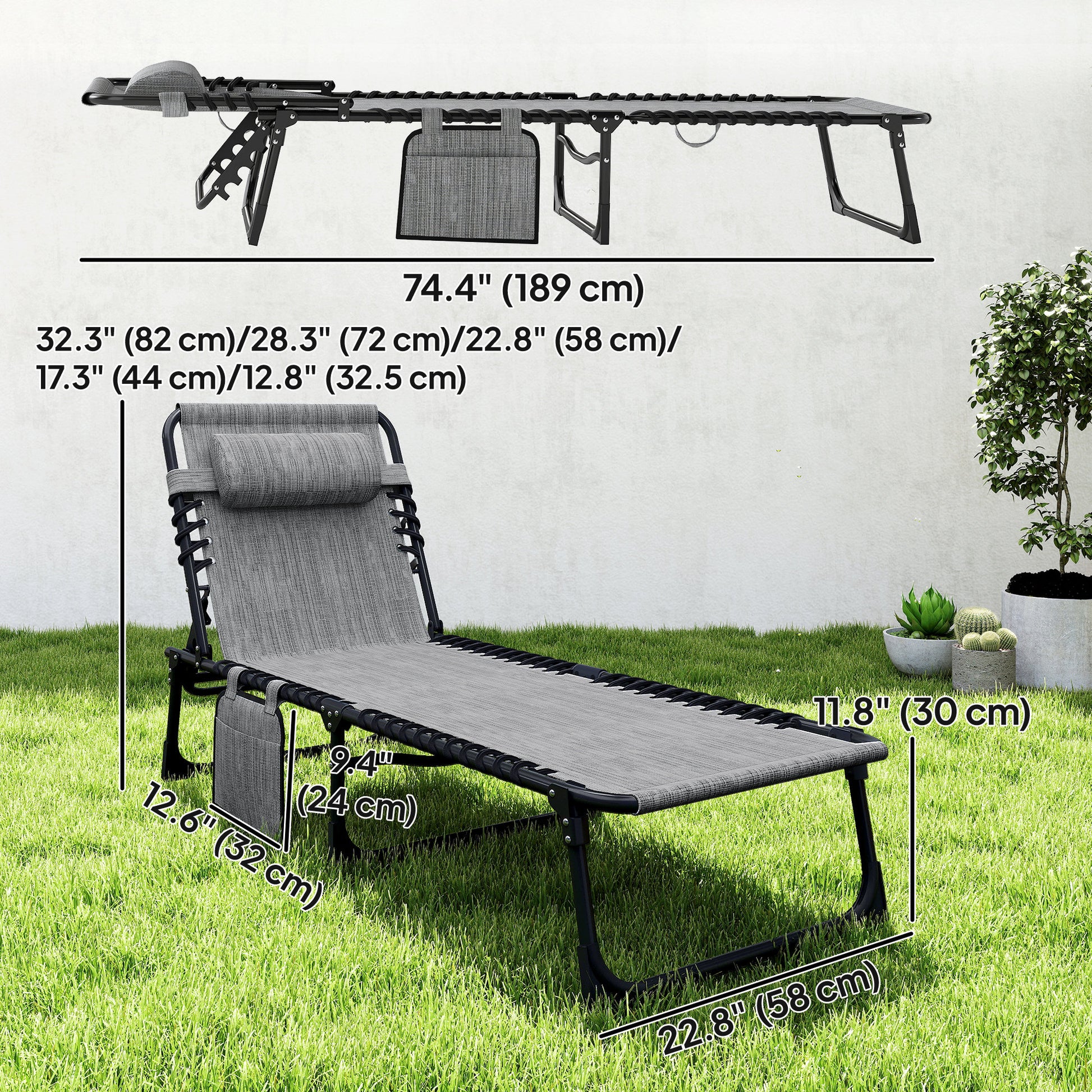 Outdoor Folding Chaise Lounge, Reclining Lounge Chair with Adjustable Backrest and Removable Pillow, Mixed Grey