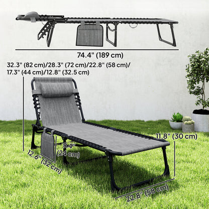 Outdoor Folding Chaise Lounge, Reclining Lounge Chair with Adjustable Backrest and Removable Pillow, Mixed Grey