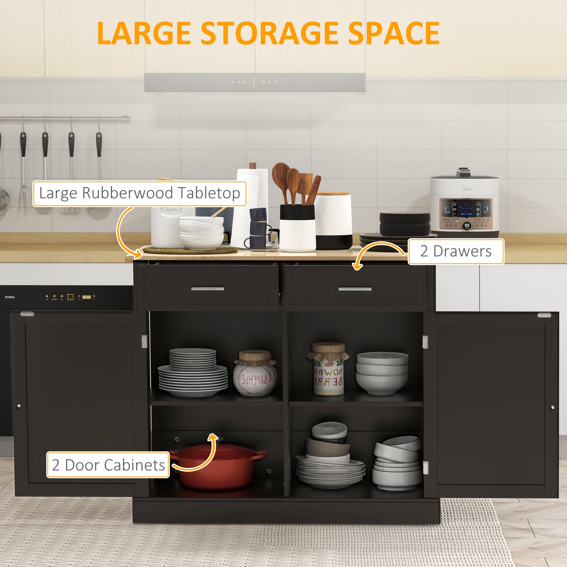 Kitchen Island with Drop Leaf, Rolling Kitchen Cart with 2 Drawers, Adjustable Shelves and Wood Countertop, Black