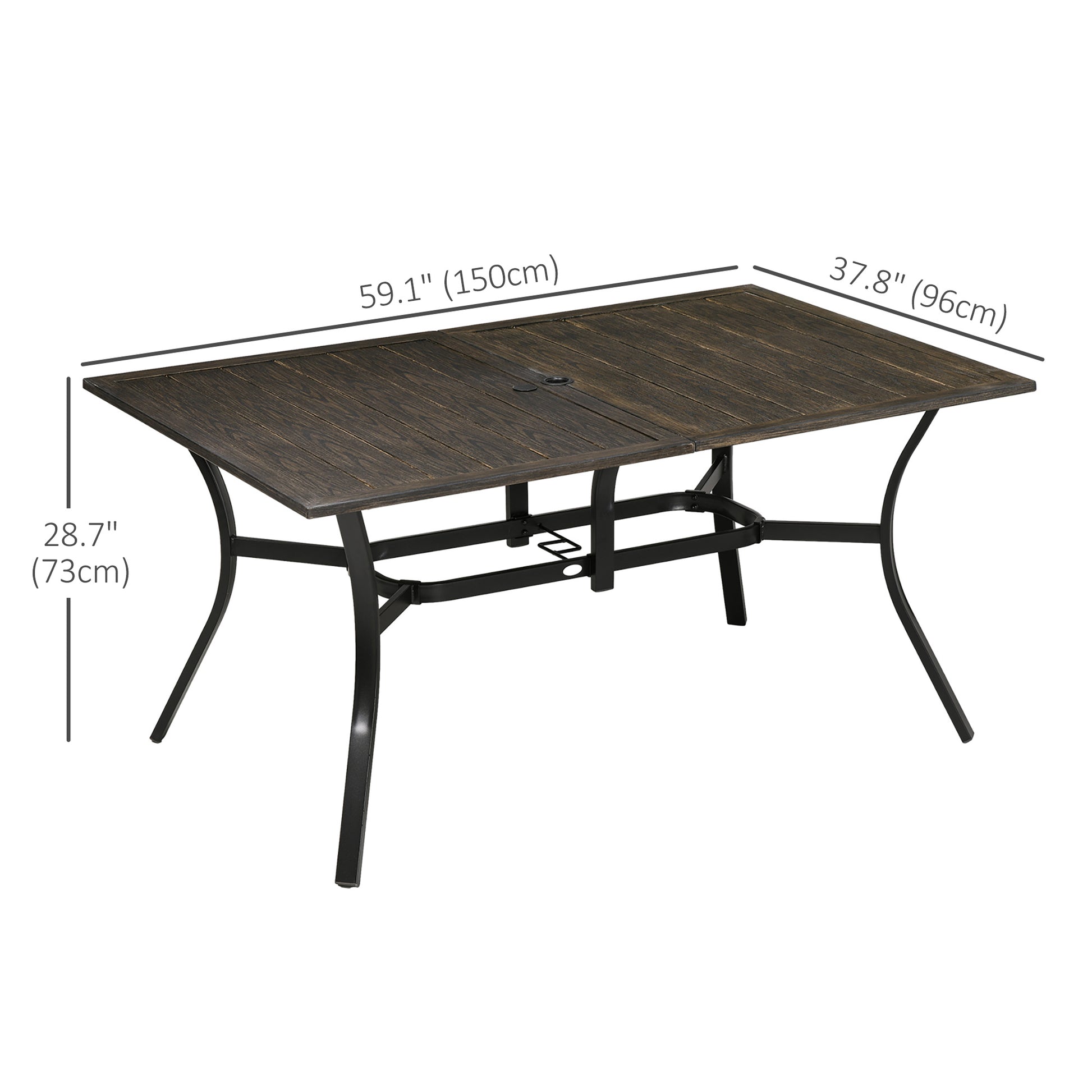 Steel Frame 59 Inch Outdoor Dining Table for Six with Parasol Hole, Wood Grain Tabletop, for Backyard, Garden, Brown