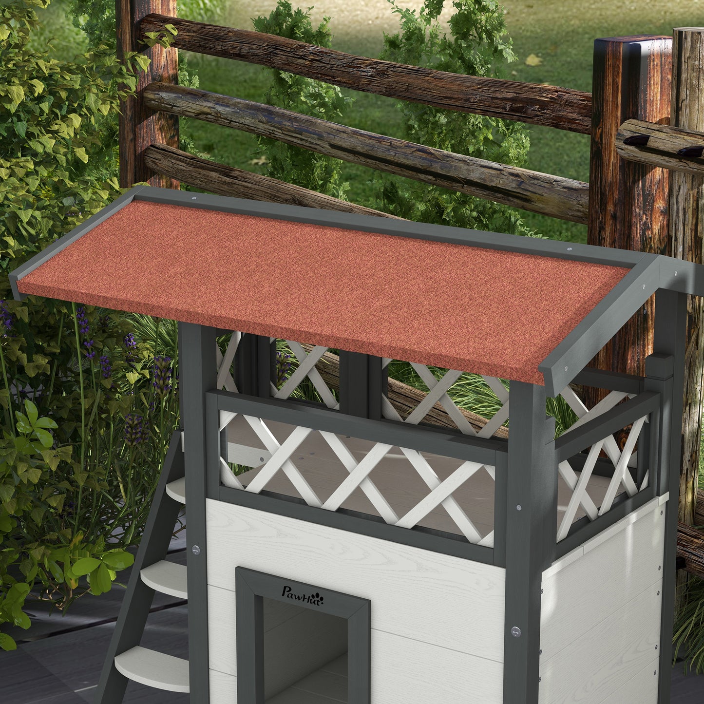 Wooden 2-Story Shelter for Feral Cats with Asphalt Roof, Stairs, Balcony, 30" x 20" x 29", White