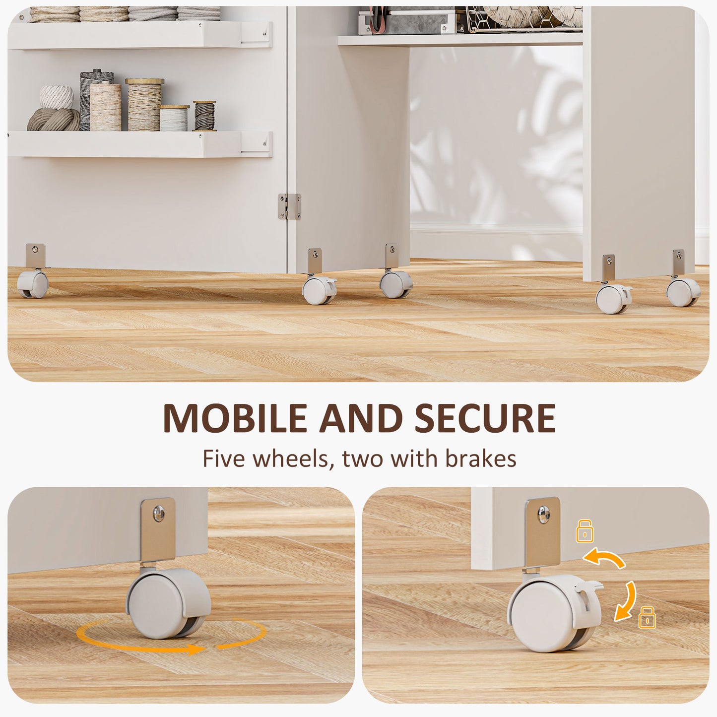 Sewing Machine Cabinet, Folding Sewing Table with Storage Shelf, Bins and Lockable Wheels for Small Space, White