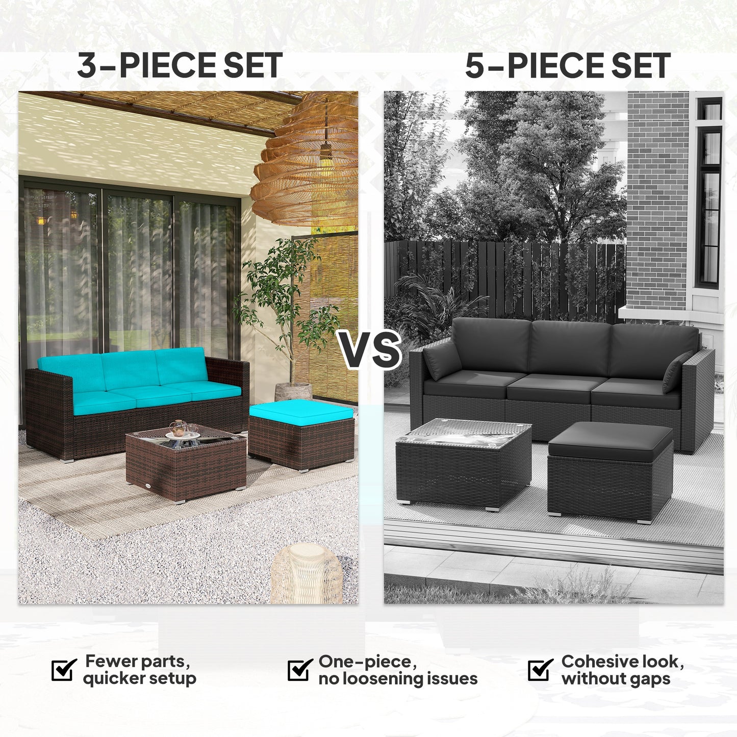 3 Pieces Patio Furniture with Soft Cushions, Patio Corner Sofa Sets with a Coffee Table, Ideal for Balcony, Patios, Backyards, Turquoise