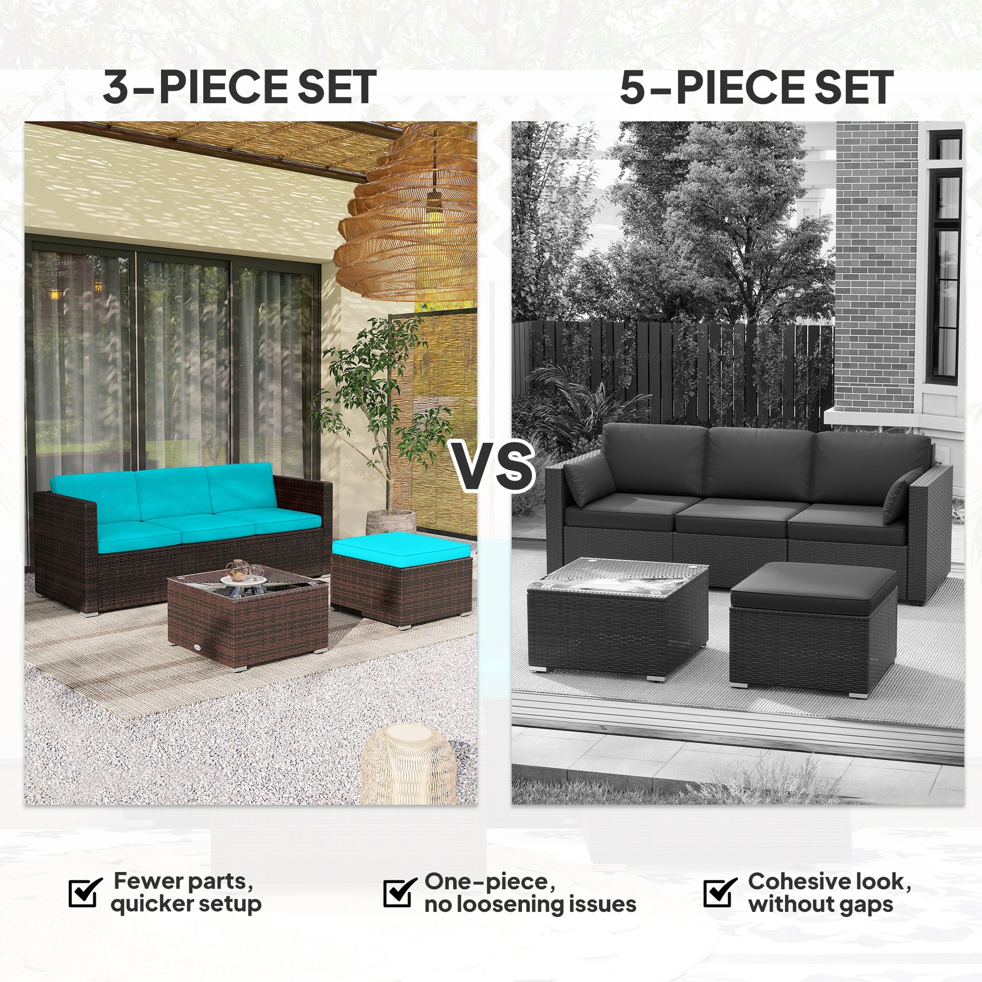 3 Pieces Patio Furniture with Soft Cushions, Patio Corner Sofa Sets with a Coffee Table, Ideal for Balcony, Patios, Backyards, Turquoise