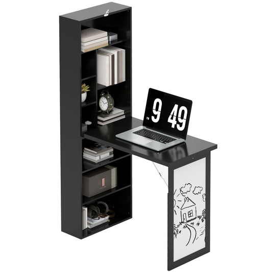 Fold-out Convertible Office Desk, Wall Mount Computer Desk with Whiteboard and Side Shelf, Black