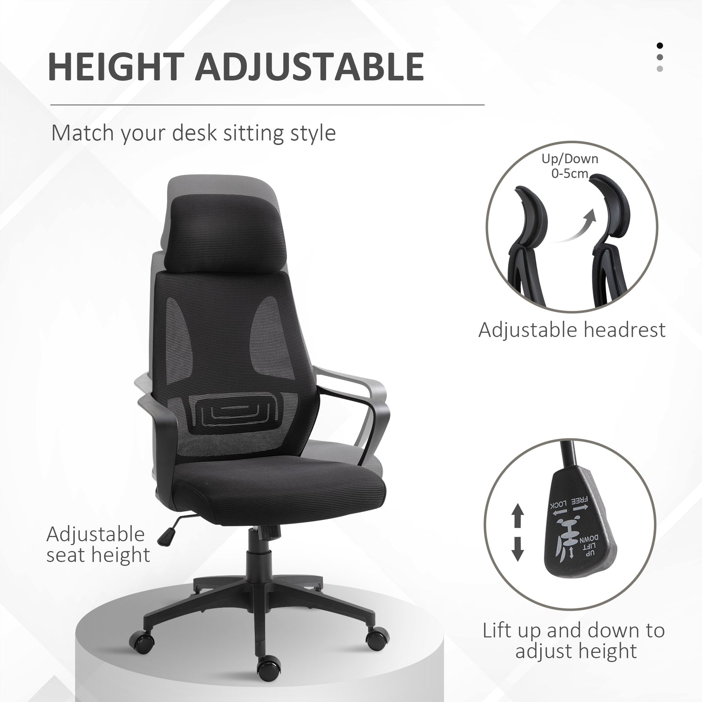 Mesh Office Chair with Up&Down Headrest, Ergonomic Computer Desk Chair with Adjustable Tilt Angle, Height Adjustable Swivel Seat with Lumbar Support for Office, Black